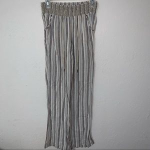 Rewash Linen Blend Wide Leg Striped Elastic Waistband Drawstring Pants.